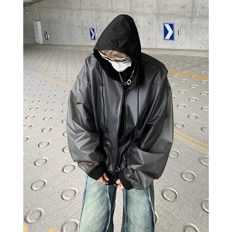 Chicmy-Korean Chic New Spring Transparent Hooded Jacket Men High Quality PU Casual Loose Jackets Male Streetwear Oversized Coat