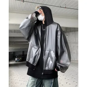 Chicmy-Korean Chic New Spring Transparent Hooded Jacket Men High Quality PU Casual Loose Jackets Male Streetwear Oversized Coat