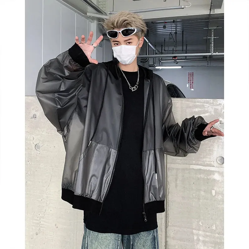 Chicmy-Korean Chic New Spring Transparent Hooded Jacket Men High Quality PU Casual Loose Jackets Male Streetwear Oversized Coat