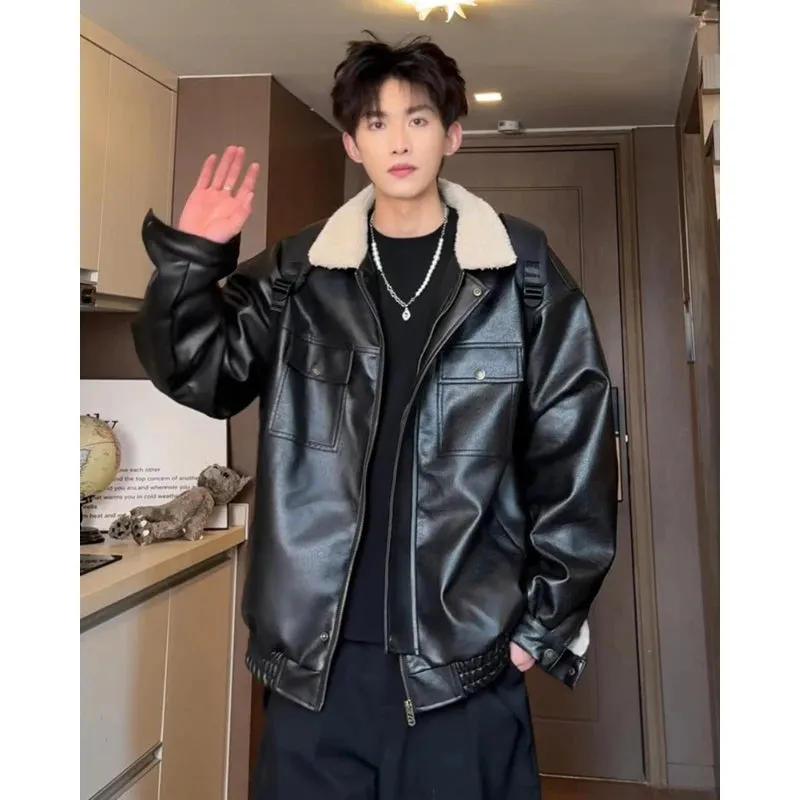 Chicmy-Lamb wool Patchwork Lapel Thick Jacket Coat Men Winter Moto Biker Streetwear Zipper Faux PU Leather Jacket Fleece Warm Outwear