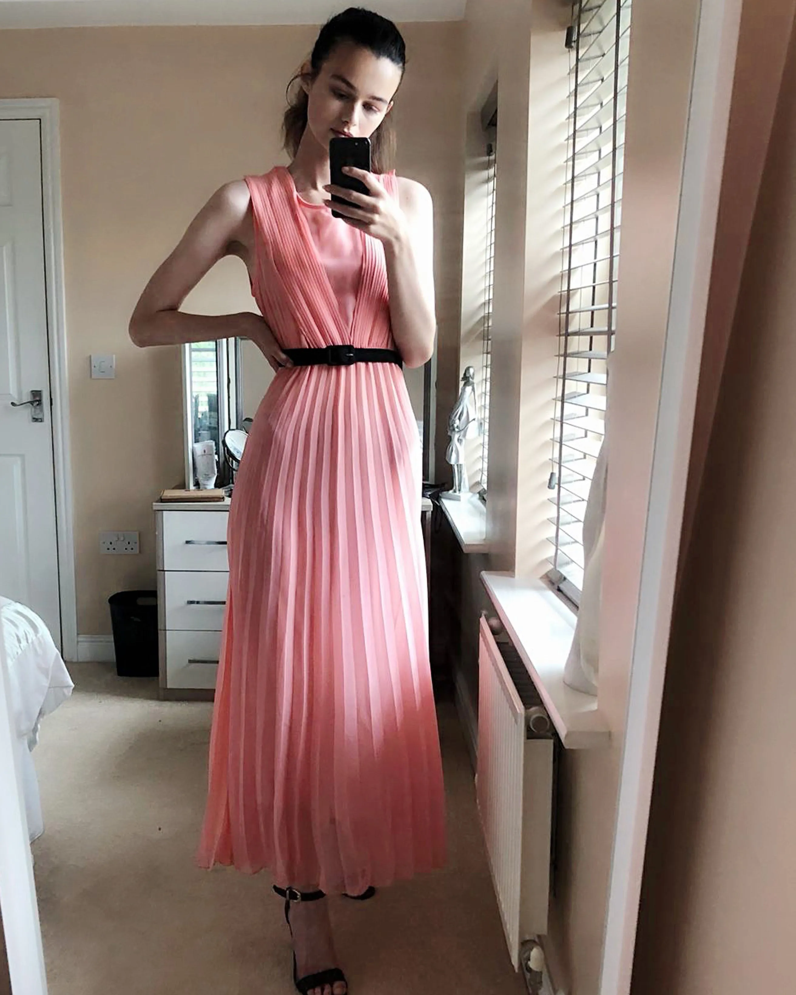 Chiffon pleated full length wedding maxi dress (Peach)