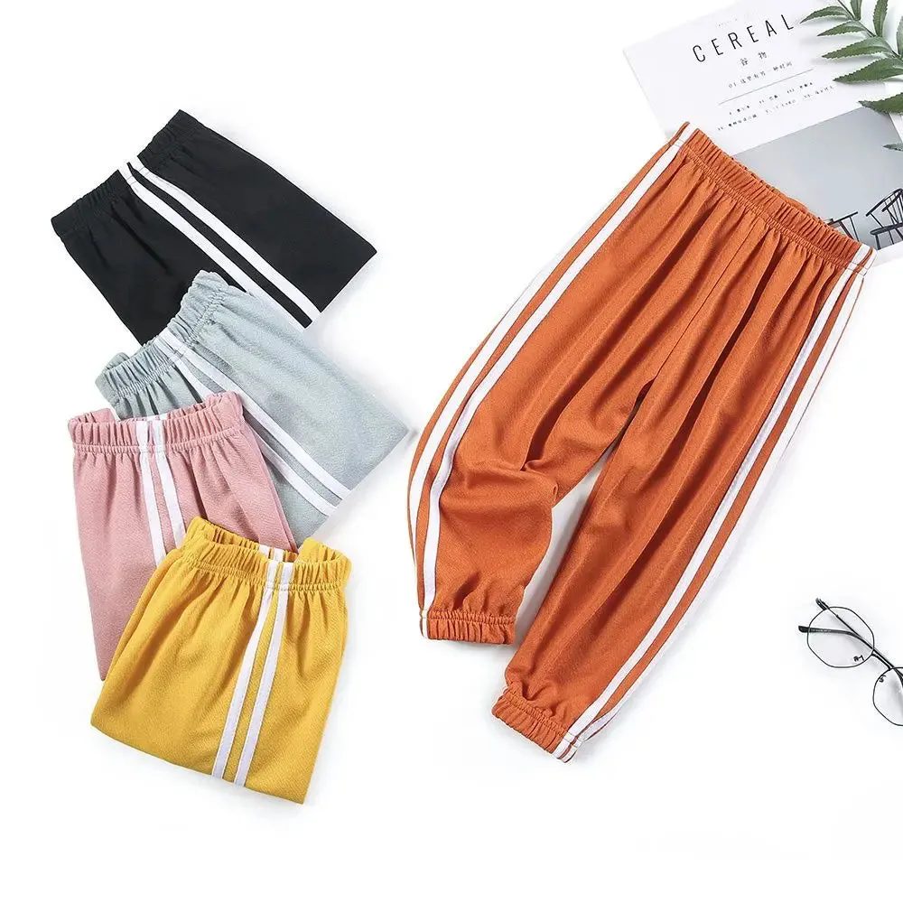 Children Trousers For Boys Girls Linen Elastic Waist Summer Thin Anti-mosquito Breathable Pants Side Stripe Harem Long Pants