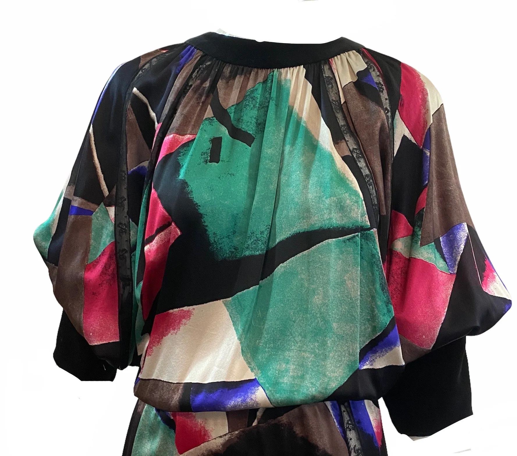 Chloe 80s Silk Print Dress with Velvet Trim