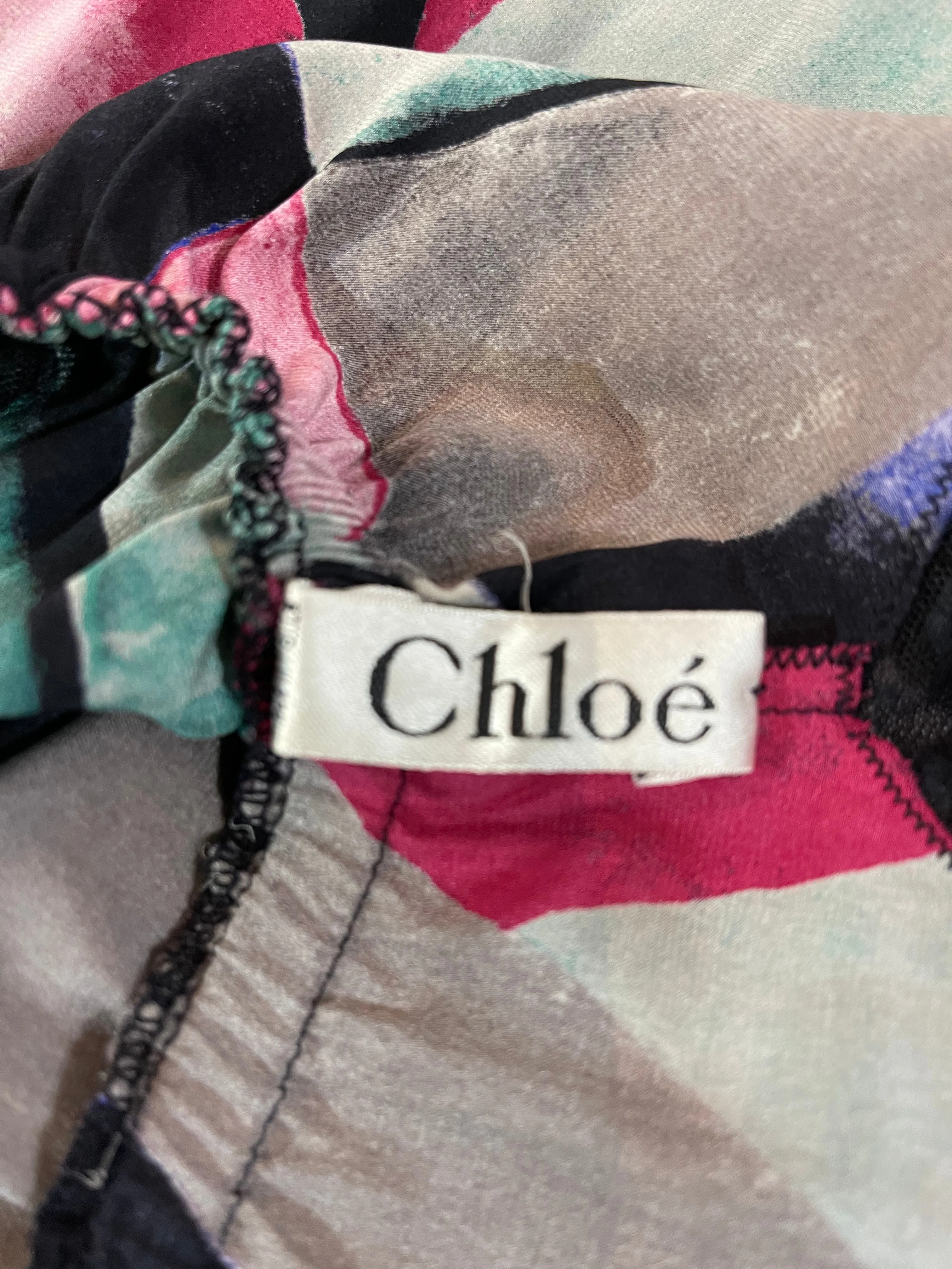 Chloe 80s Silk Print Dress with Velvet Trim