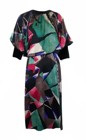 Chloe 80s Silk Print Dress with Velvet Trim