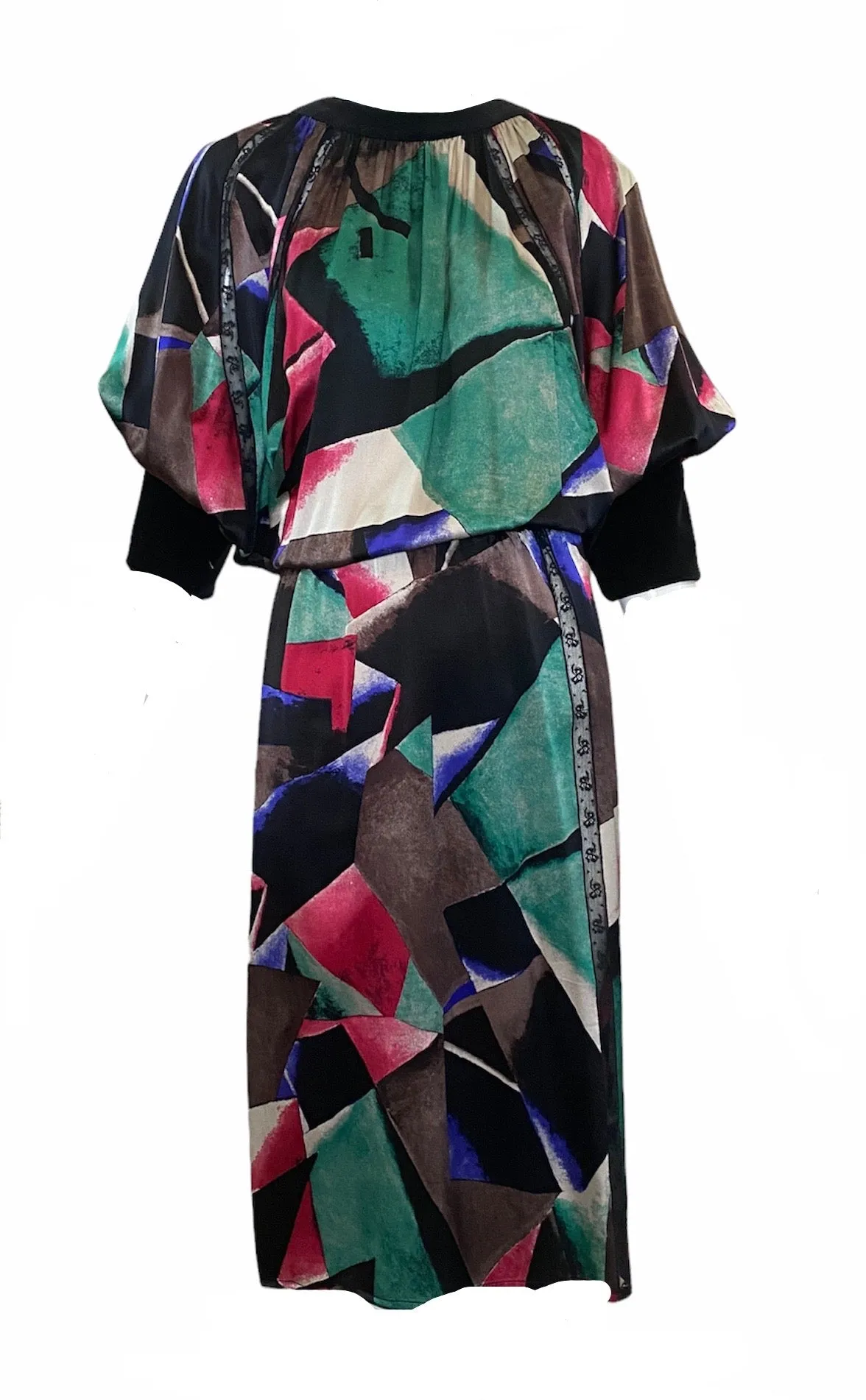 Chloe 80s Silk Print Dress with Velvet Trim