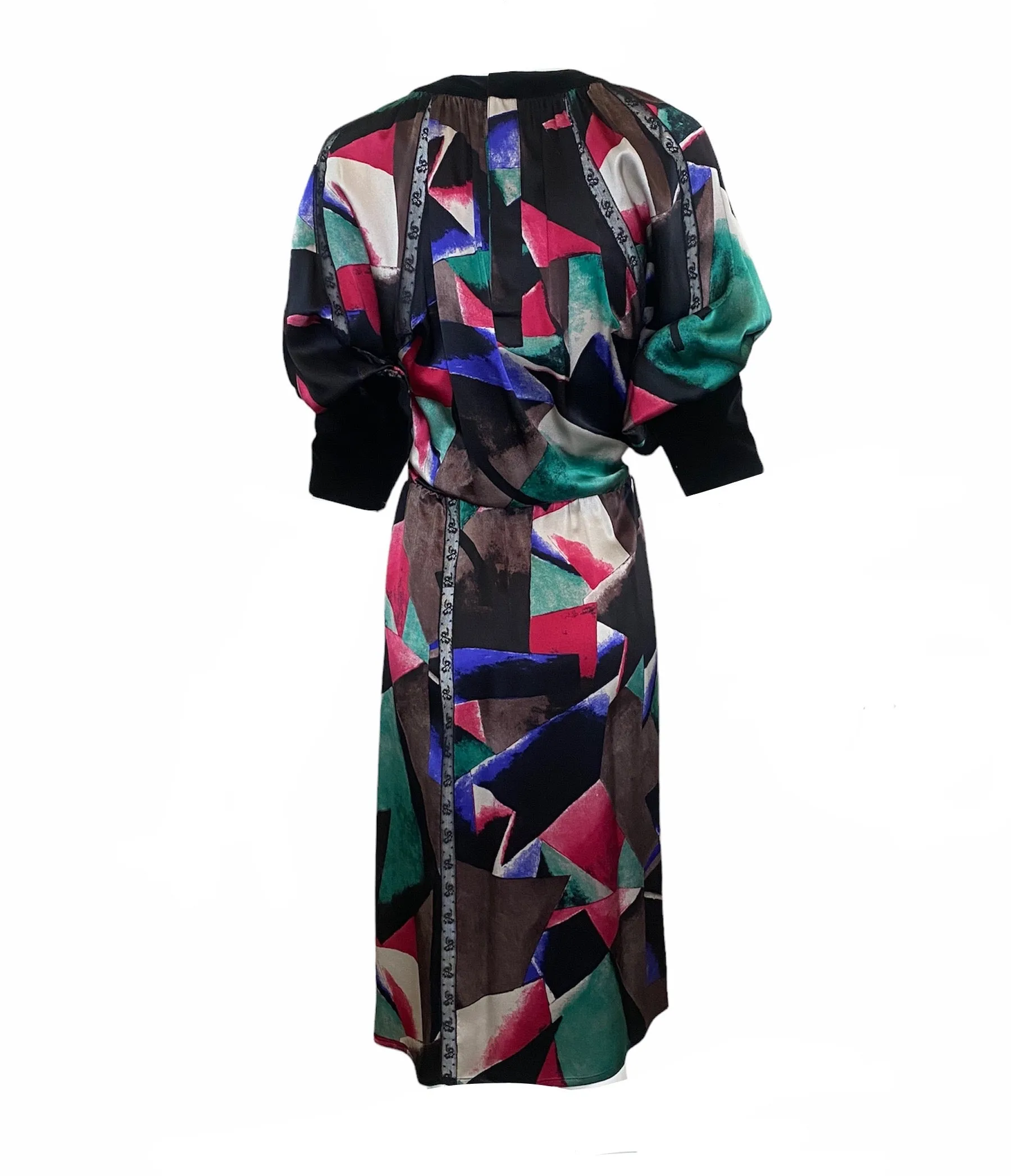 Chloe 80s Silk Print Dress with Velvet Trim