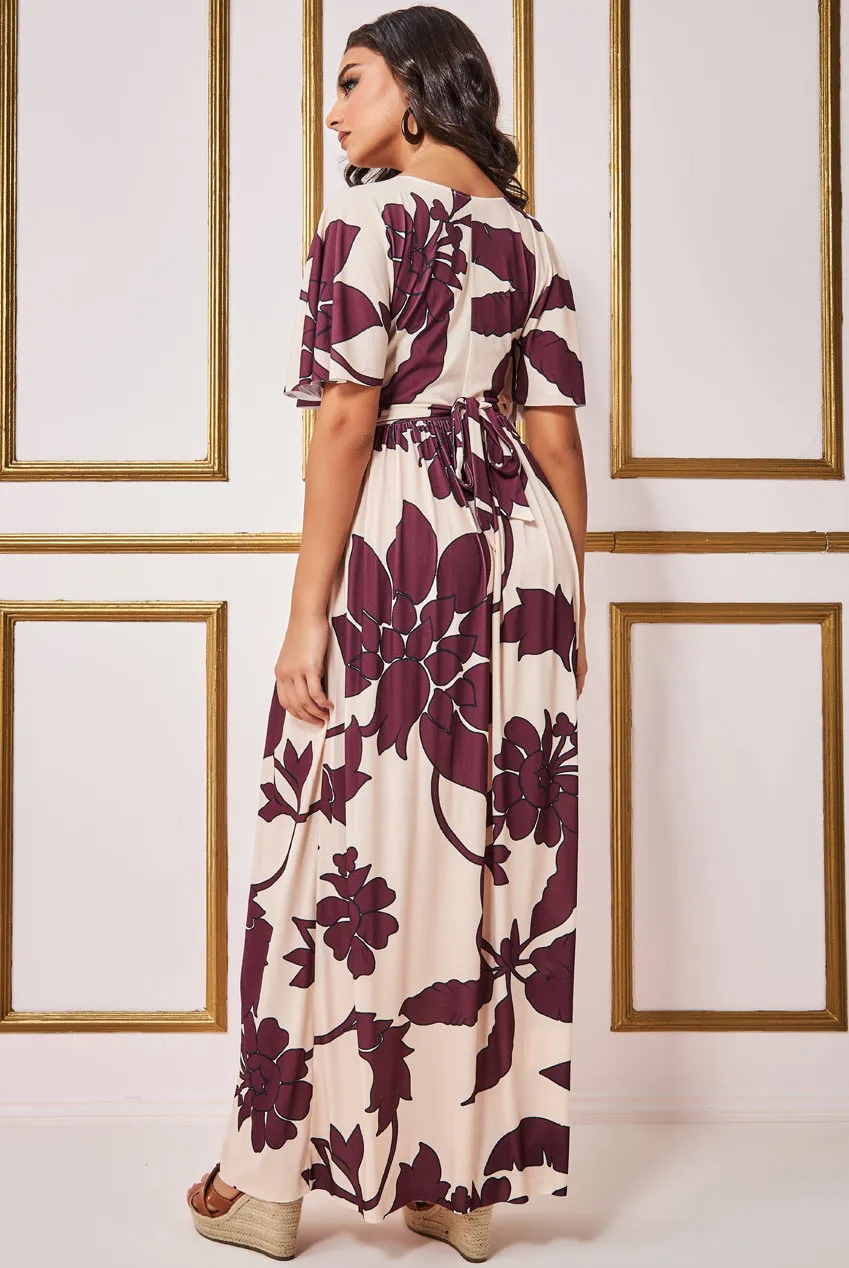 City Goddess Leaf Print Flutter Sleeve Maxi Dress
