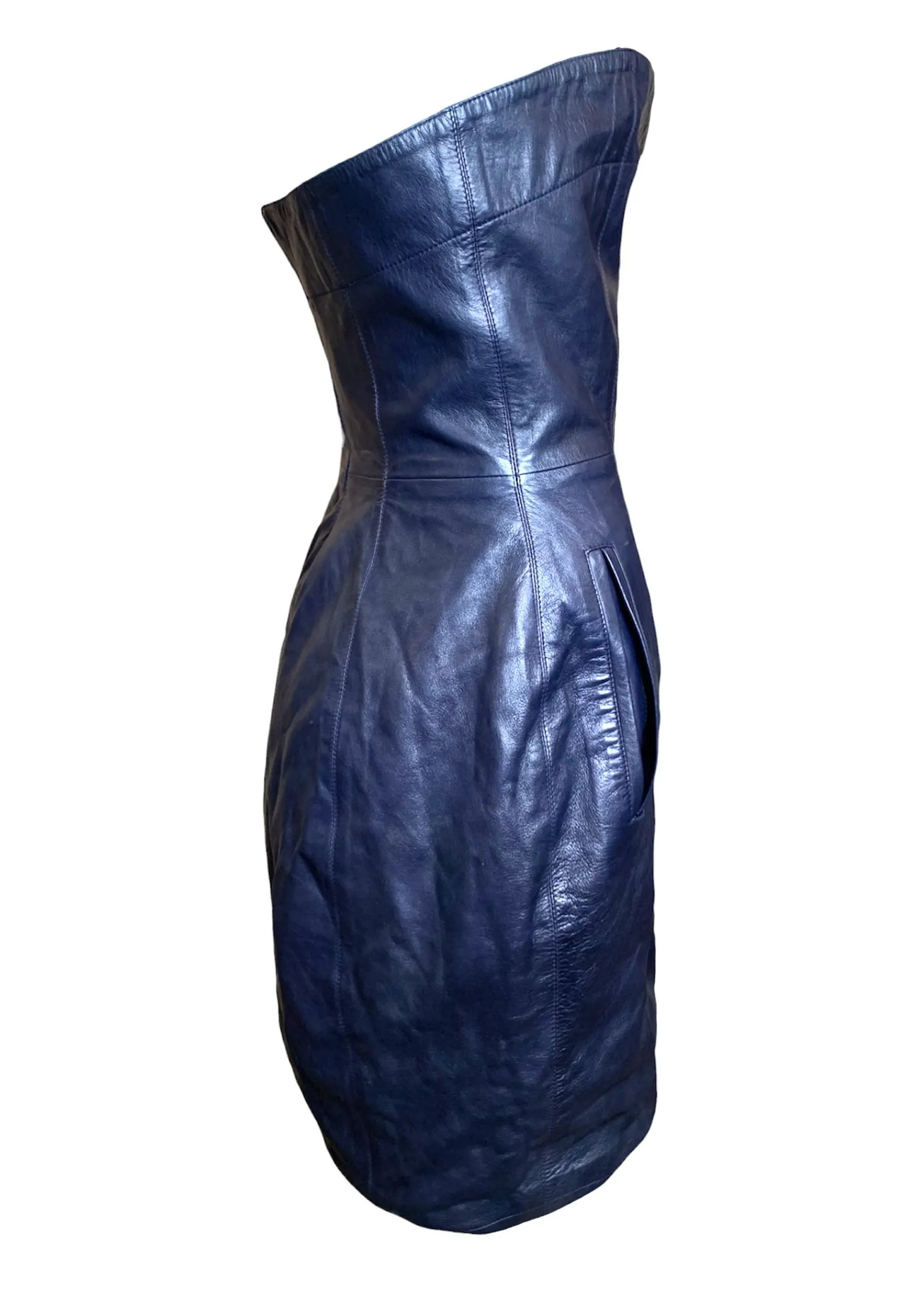 Claude Montana for Idéal-Cuir Rare Late '70s Midnight Blue Lambskin Leather Strapless Mini Dress