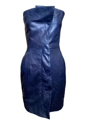 Claude Montana for Idéal-Cuir Rare Late '70s Midnight Blue Lambskin Leather Strapless Mini Dress
