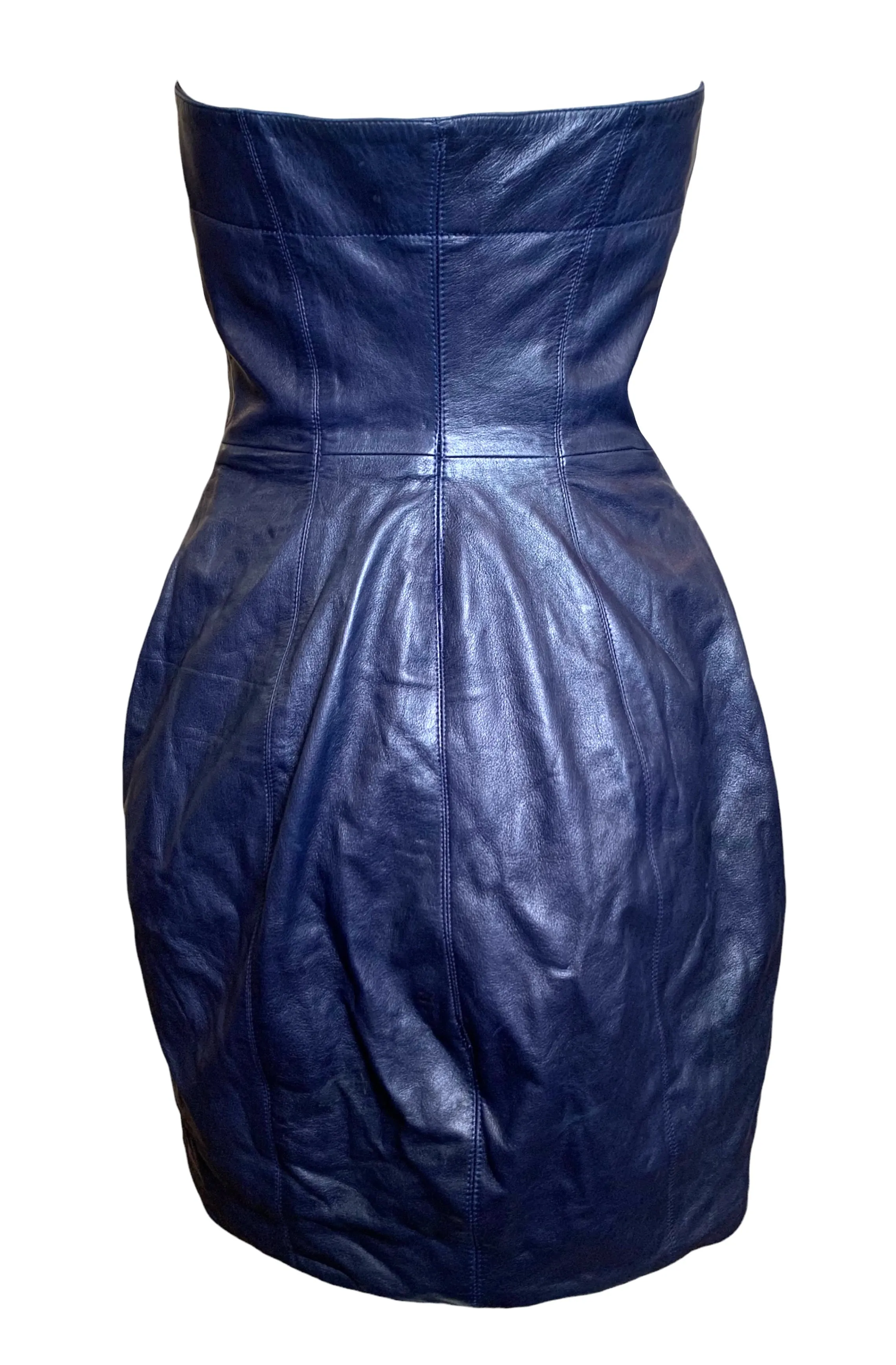 Claude Montana for Idéal-Cuir Rare Late '70s Midnight Blue Lambskin Leather Strapless Mini Dress