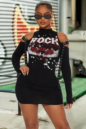 Cold Shoulder Print Long Sleeve Bodycon Dress