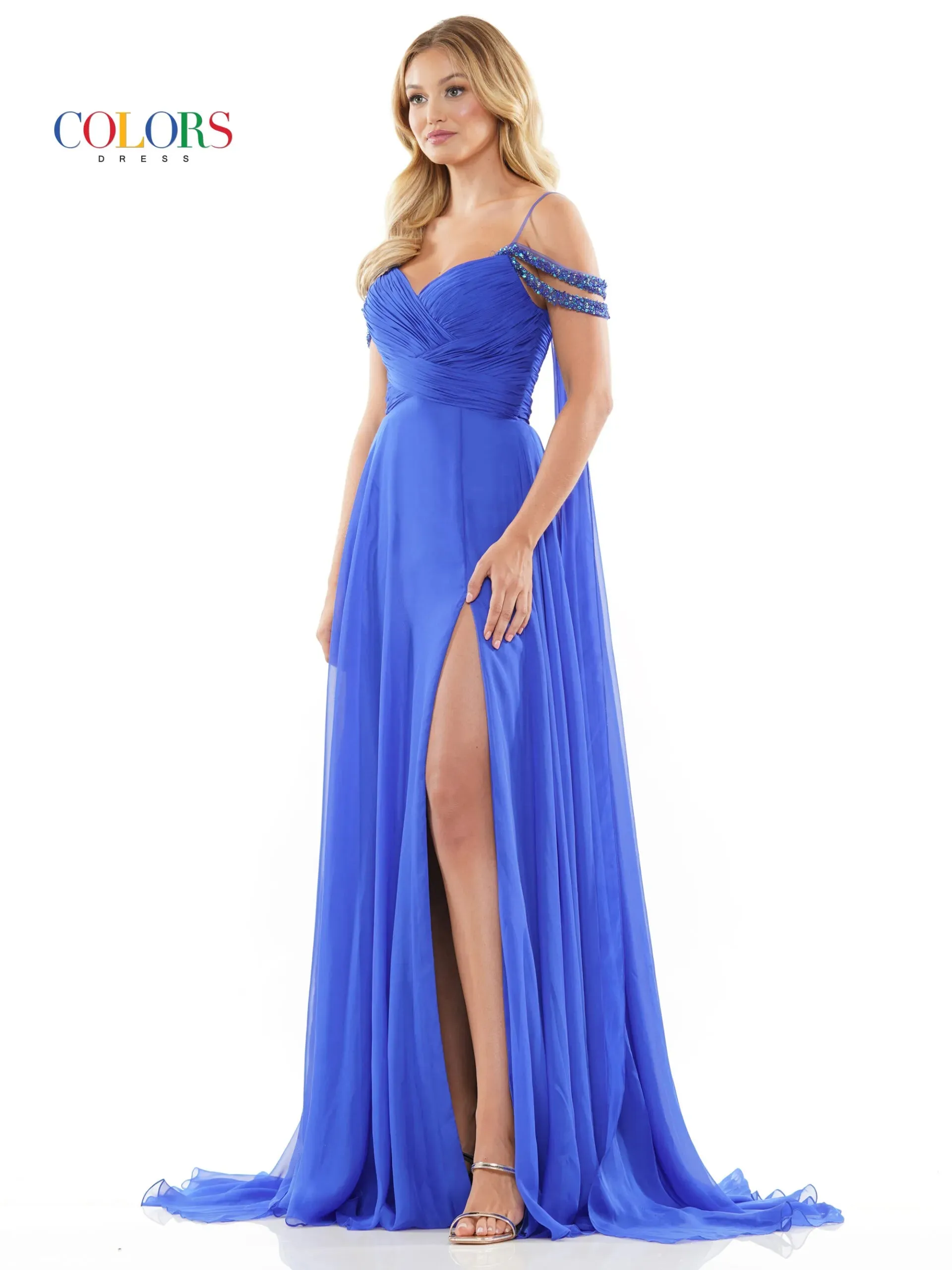 Colors Dress 3101 Size 4 Hot Pink A Line Chiffon Pageant Dress Cape Maxi Slit Prom Gown off the shoulder straps