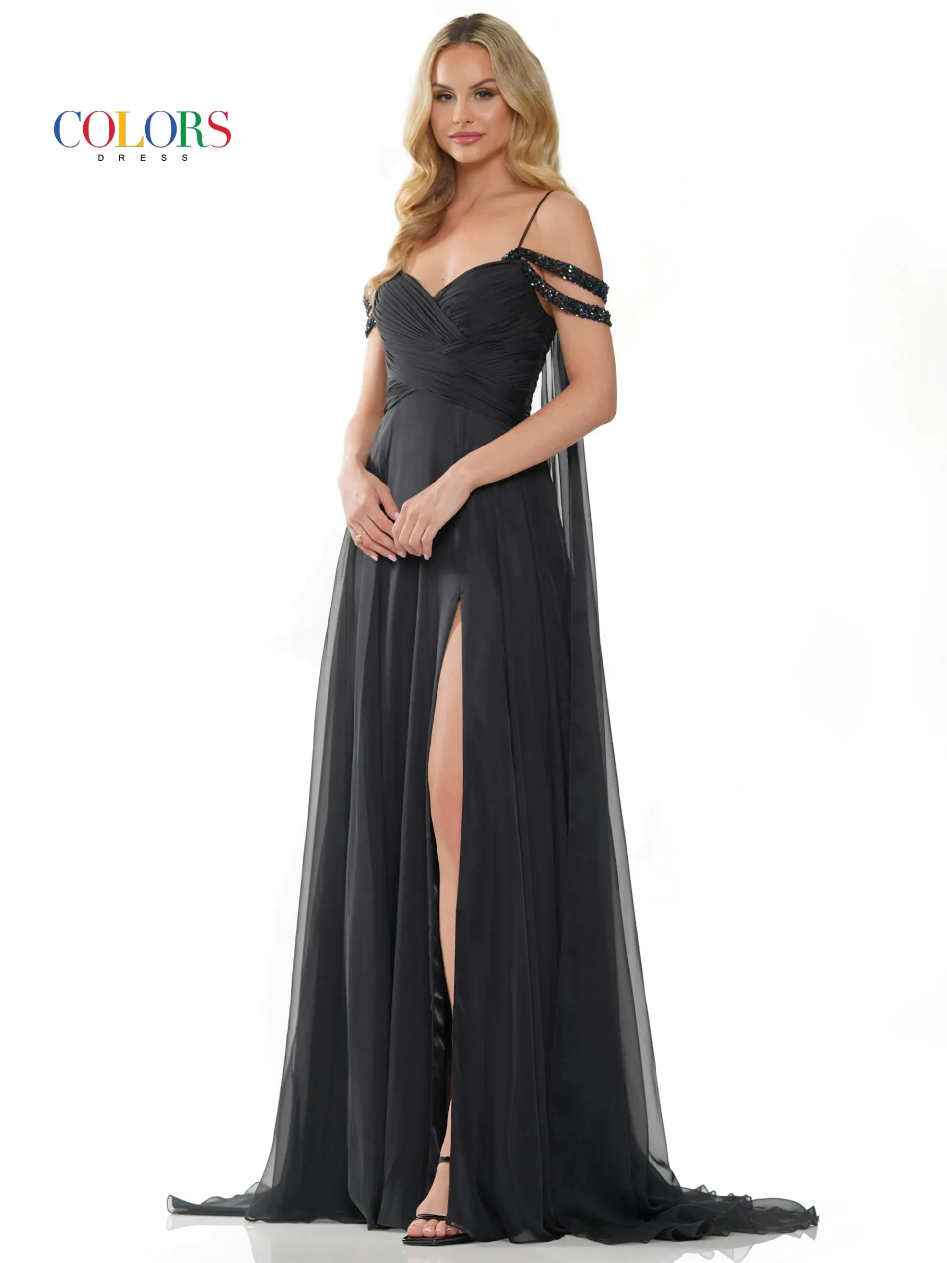 Colors Dress 3101 Size 4 Hot Pink A Line Chiffon Pageant Dress Cape Maxi Slit Prom Gown off the shoulder straps