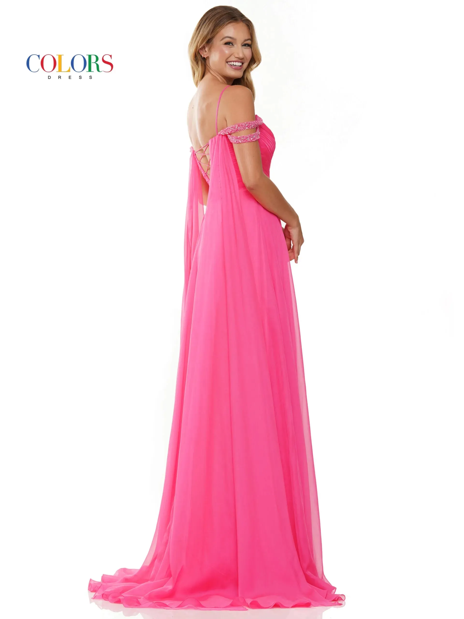 Colors Dress 3101 Size 4 Hot Pink A Line Chiffon Pageant Dress Cape Maxi Slit Prom Gown off the shoulder straps