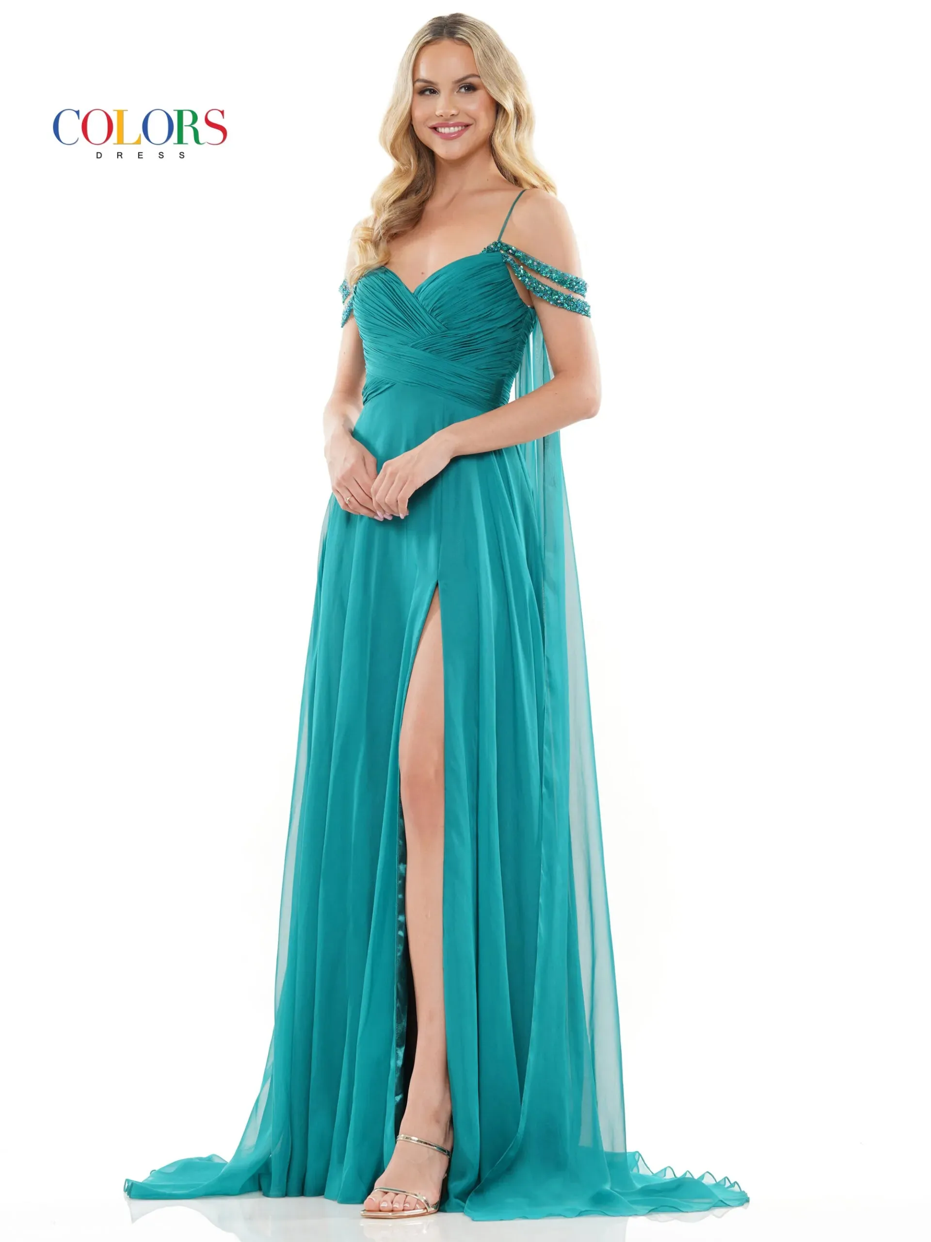 Colors Dress 3101 Size 4 Hot Pink A Line Chiffon Pageant Dress Cape Maxi Slit Prom Gown off the shoulder straps