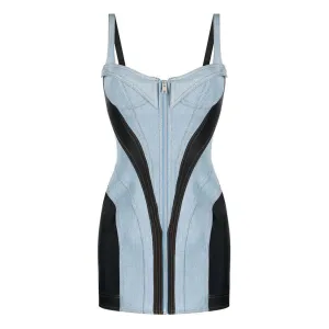 Contrast Blue & Black Bustier Front Zip Bodycon Hybrid Denim Mini Sundress
