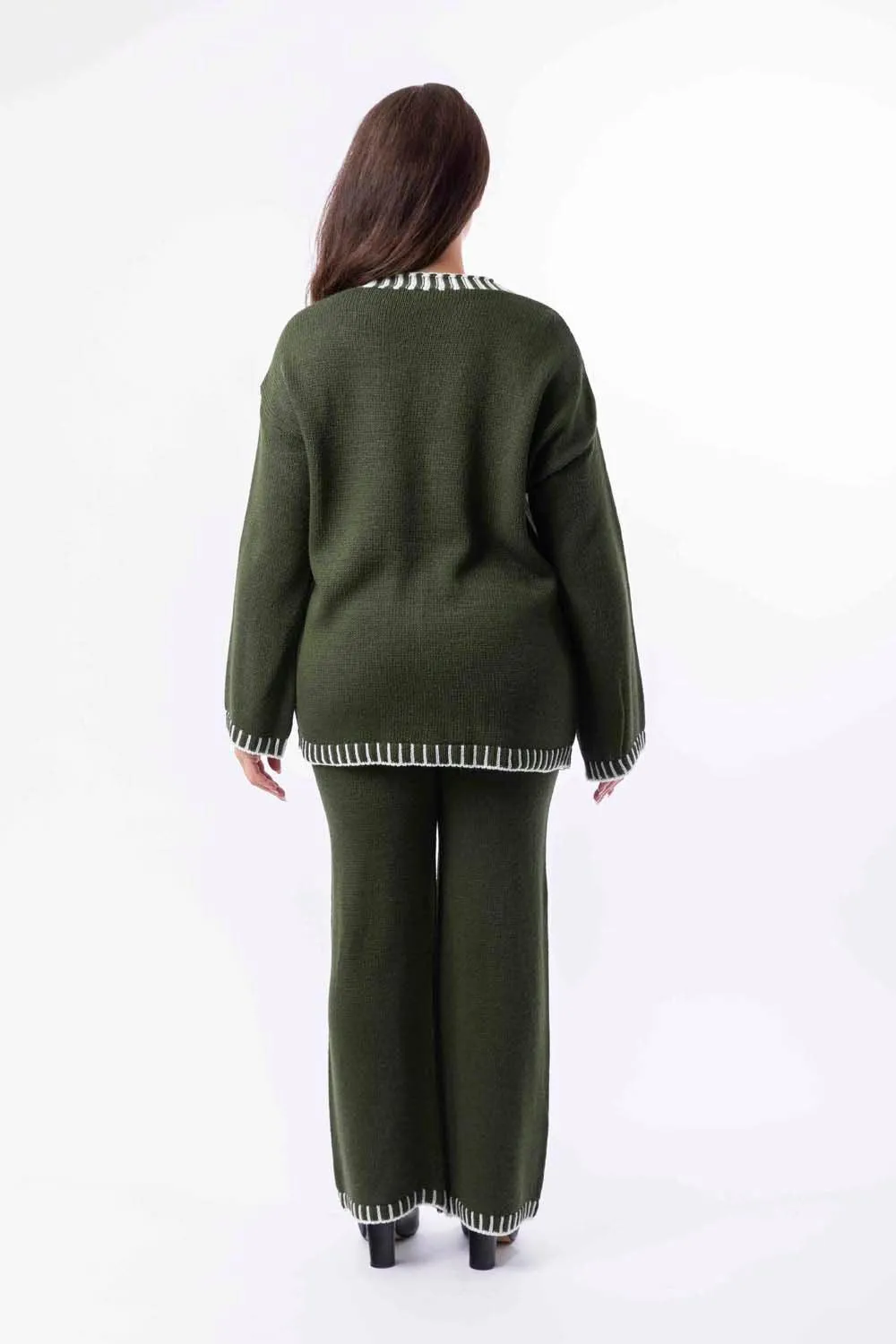 Contrast Stitch Effect Trim Knitted Leisure Set