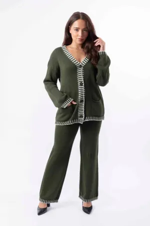 Contrast Stitch Effect Trim Knitted Leisure Set