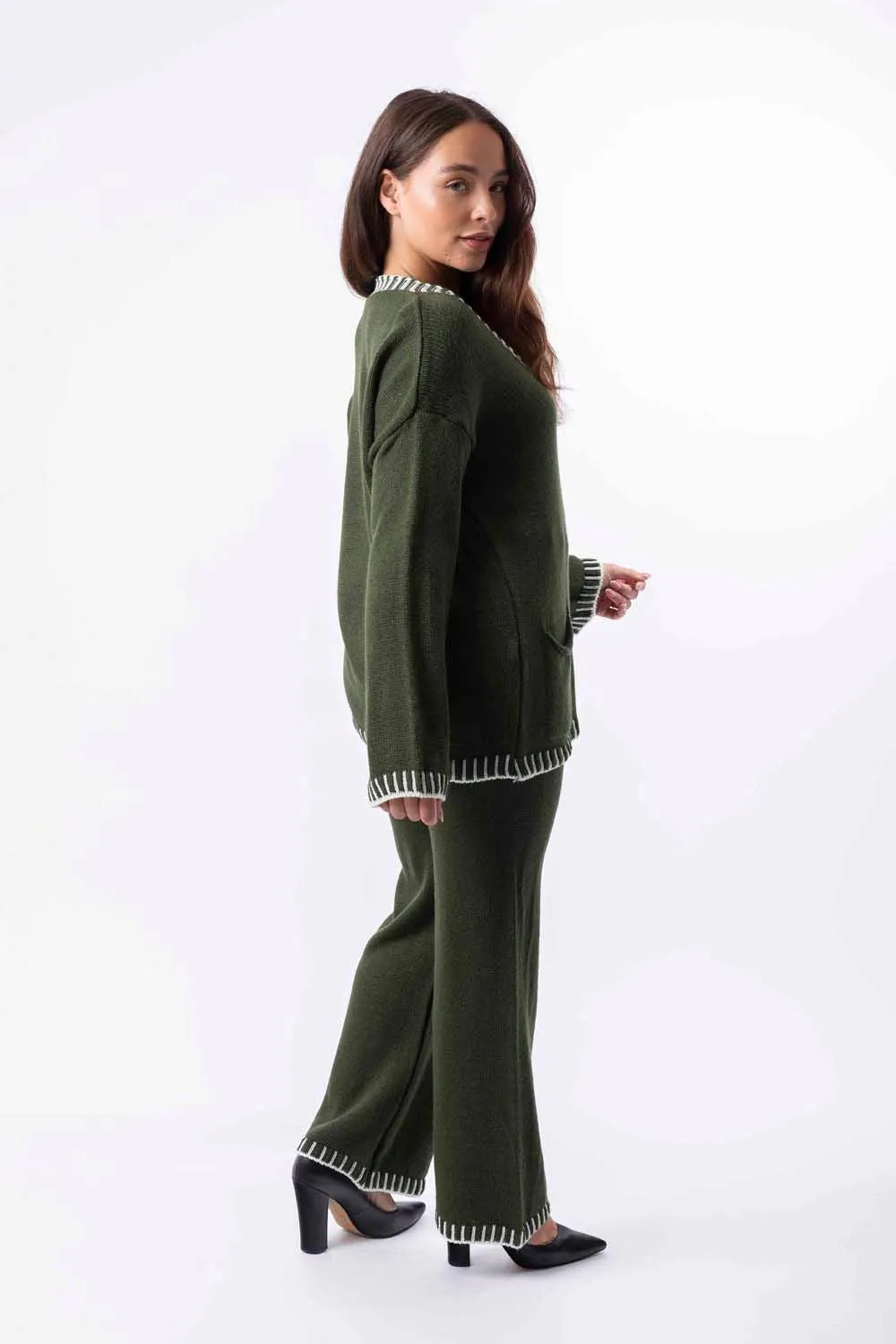 Contrast Stitch Effect Trim Knitted Leisure Set