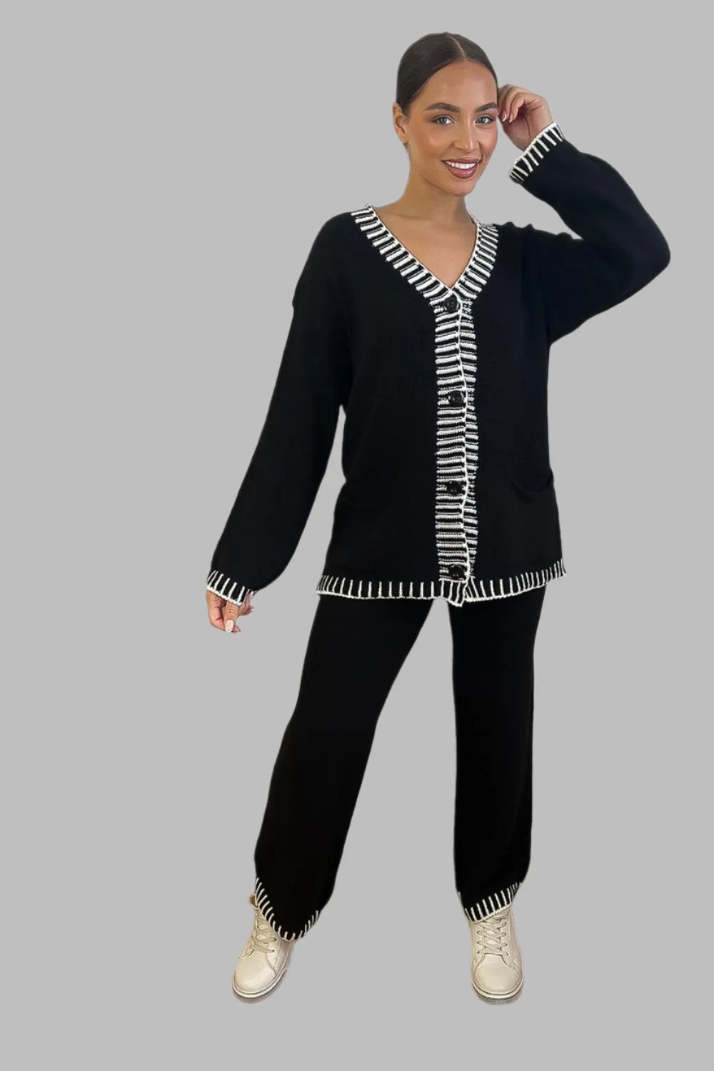 Contrast Stitch Effect Trim Knitted Leisure Set