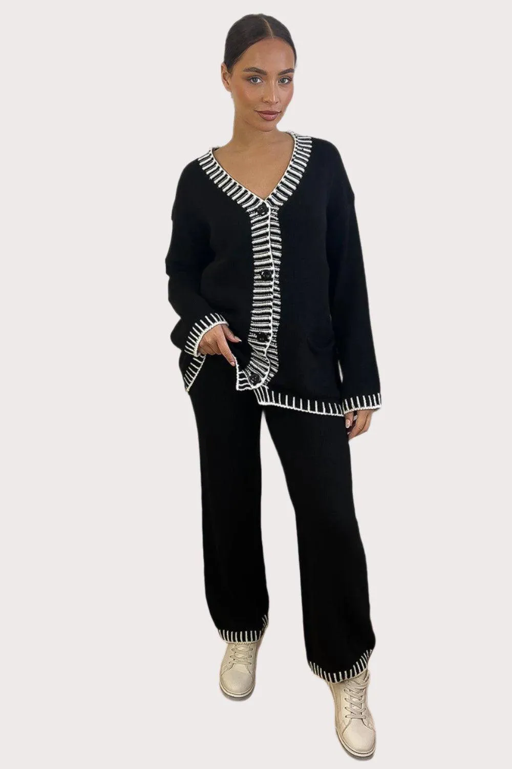 Contrast Stitch Effect Trim Knitted Leisure Set