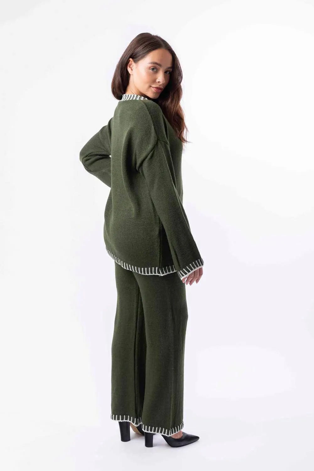 Contrast Stitch Effect Trim Knitted Leisure Set