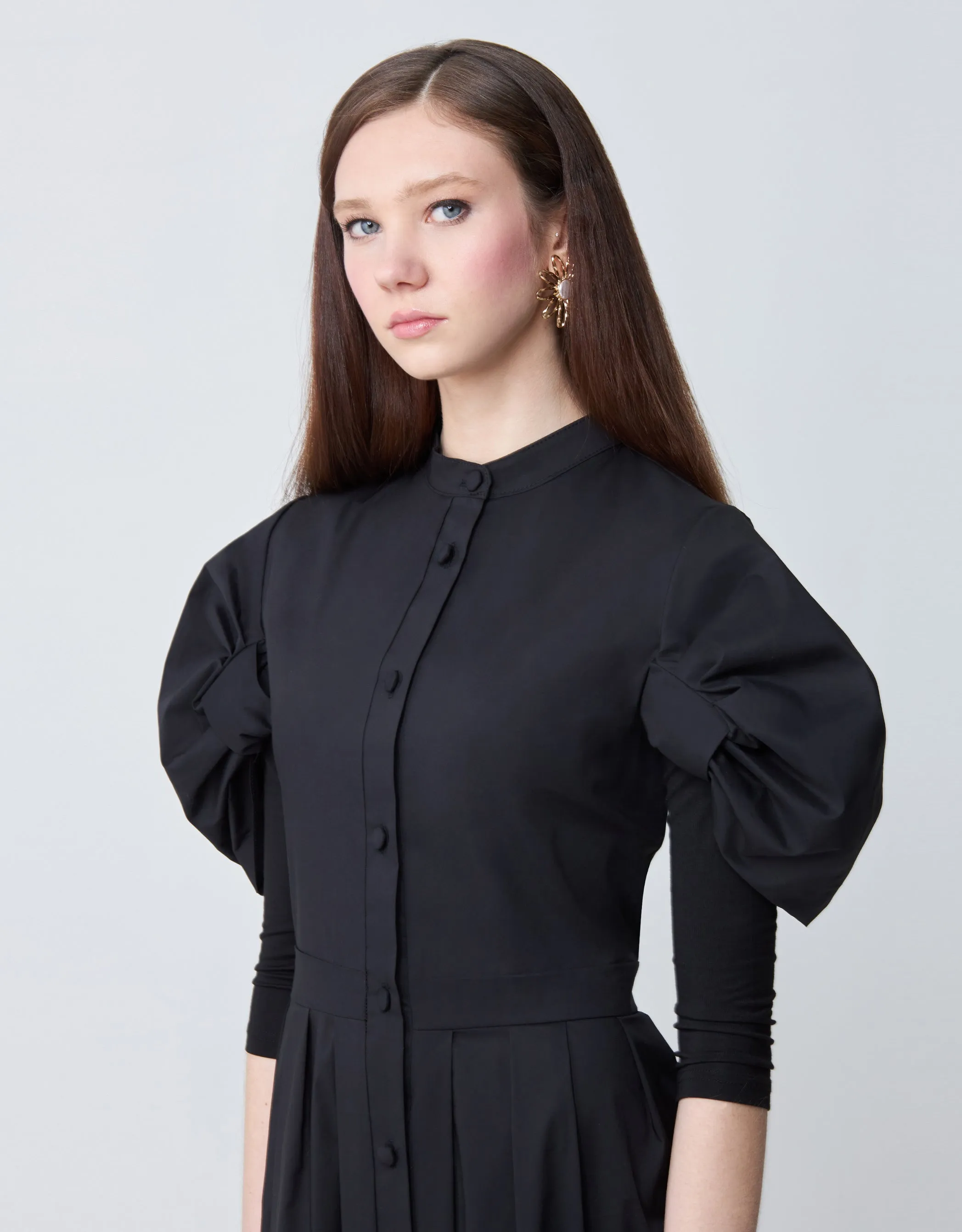 Cotton Poplin Maxi Dress Shabbos Robe with Cinched Puff Sleeves