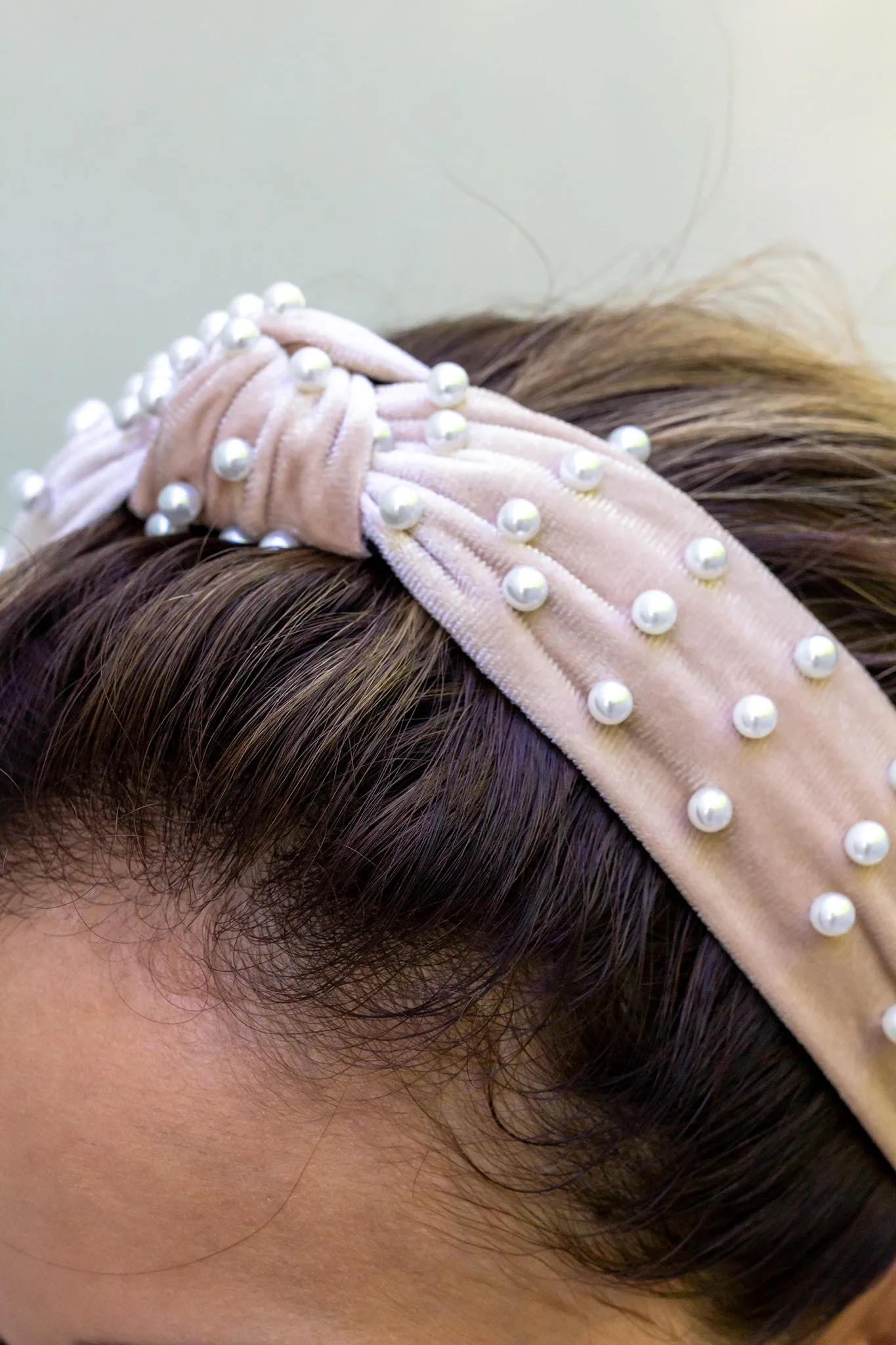 Cream Velvet Headband with Pearls