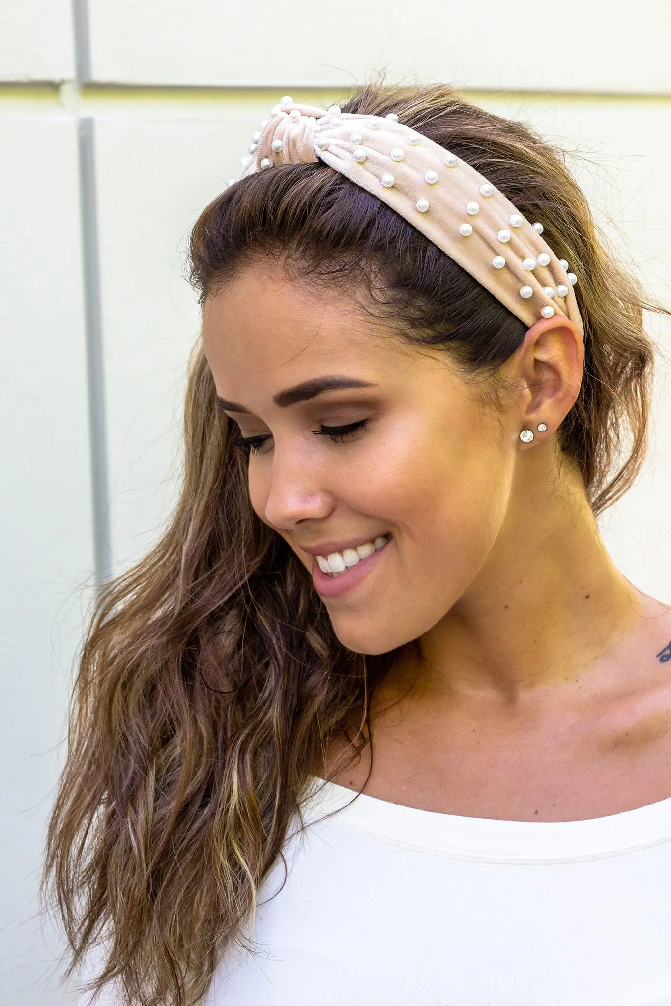 Cream Velvet Headband with Pearls