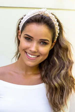 Cream Velvet Headband with Pearls