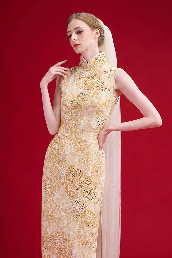 【CROWN JEWEL】100% Silk Cheongsam Wedding Gown (Sleeveless / Regular Fit) (嫁囍金紅)