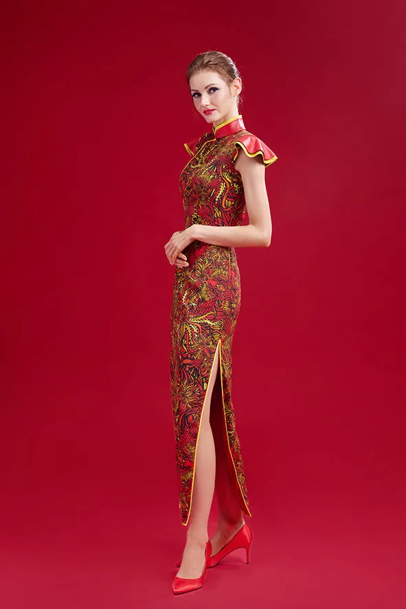 【CROWN JEWEL】Masterpiece Collection 100% Silk Wedding Cheongsam - Modern Qun Gua (Petal Sleeve / Regular Fit)(嫁囍金紅)