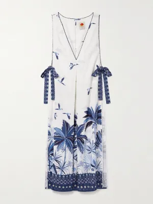 Cutout printed linen-blend maxi dress