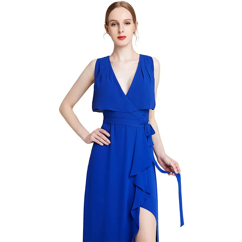 D015 Women solid heavy georgette V neck maxi evening dress