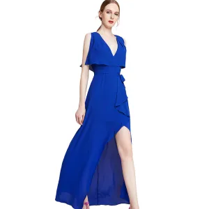 D015 Women solid heavy georgette V neck maxi evening dress