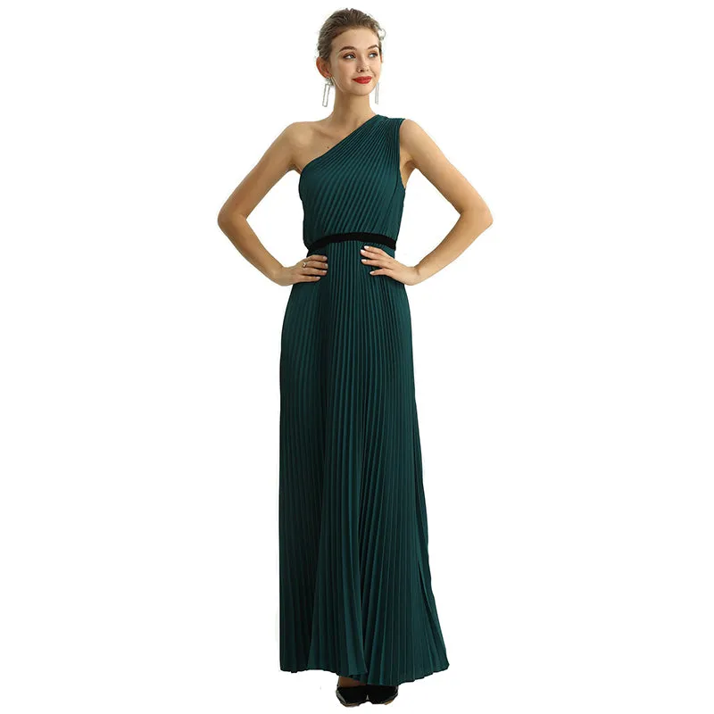 D201 Women solid CDC one shoulder pleated maxi evening dress