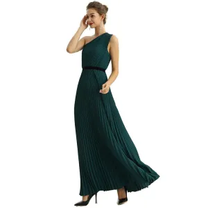 D201 Women solid CDC one shoulder pleated maxi evening dress