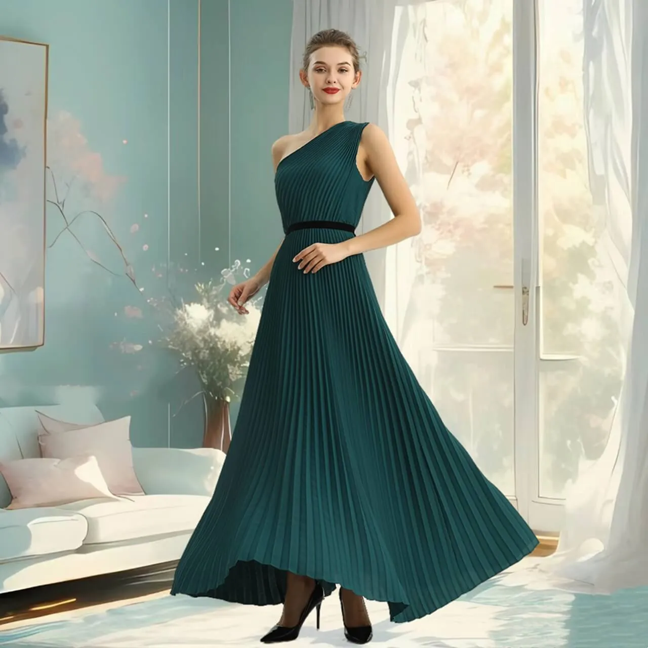D201 Women solid CDC one shoulder pleated maxi evening dress