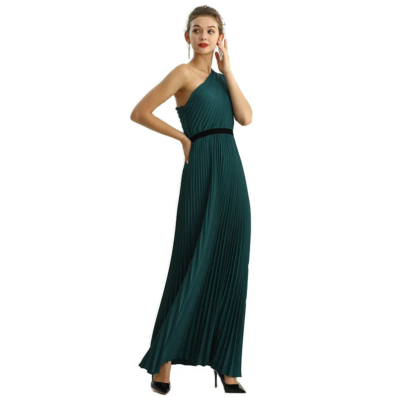 D201 Women solid CDC one shoulder pleated maxi evening dress