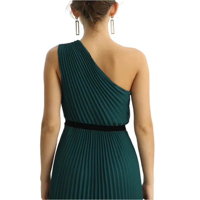 D201 Women solid CDC one shoulder pleated maxi evening dress