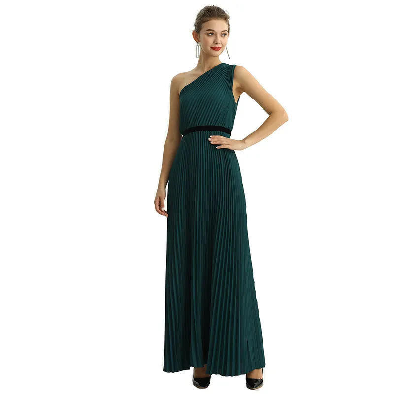 D201 Women solid CDC one shoulder pleated maxi evening dress