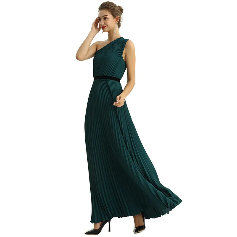 D201 Women solid CDC one shoulder pleated maxi evening dress