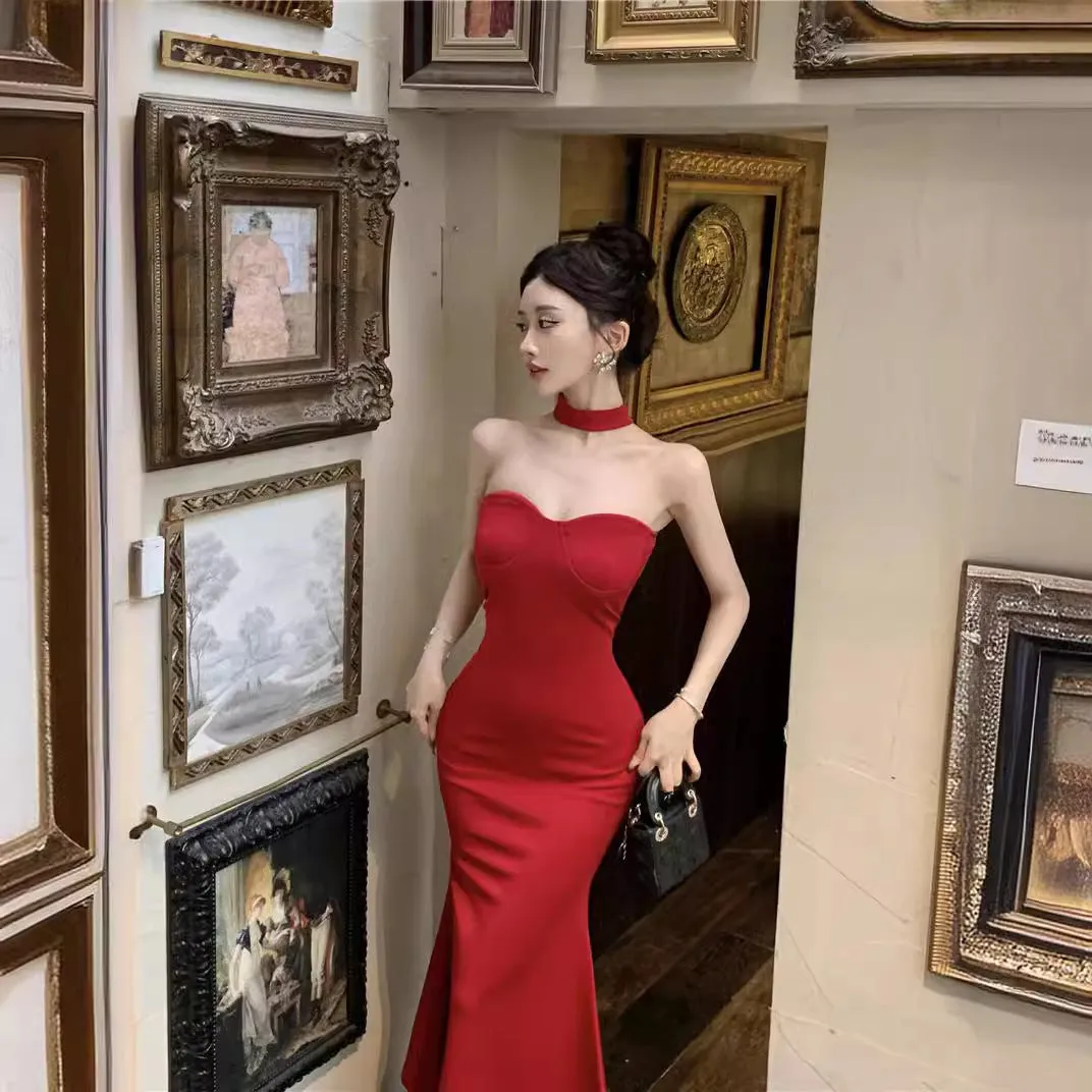 Darianrojas avant garde dress to impress French Style Sexy Royal Lady Style Elegant Lady Sexy Tube Top Dress Tight Waist Tight Fishtail Sheath Dress