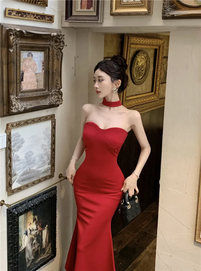 Darianrojas avant garde dress to impress French Style Sexy Royal Lady Style Elegant Lady Sexy Tube Top Dress Tight Waist Tight Fishtail Sheath Dress