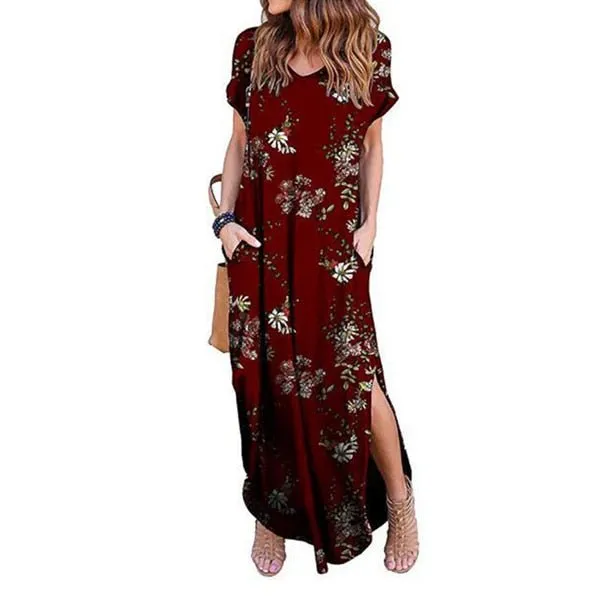 DEENOR Dynamic Short Sleeve Multi Choice Print Pocket Slit Maxi Dress