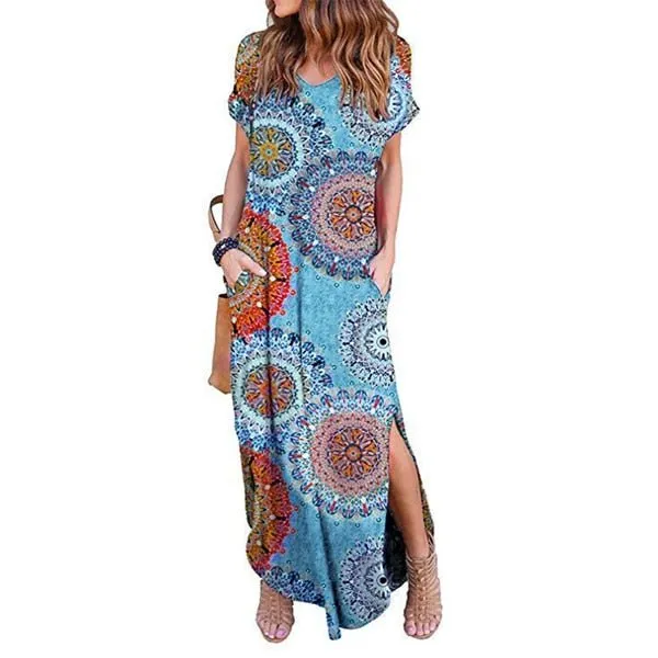 DEENOR Dynamic Short Sleeve Multi Choice Print Pocket Slit Maxi Dress