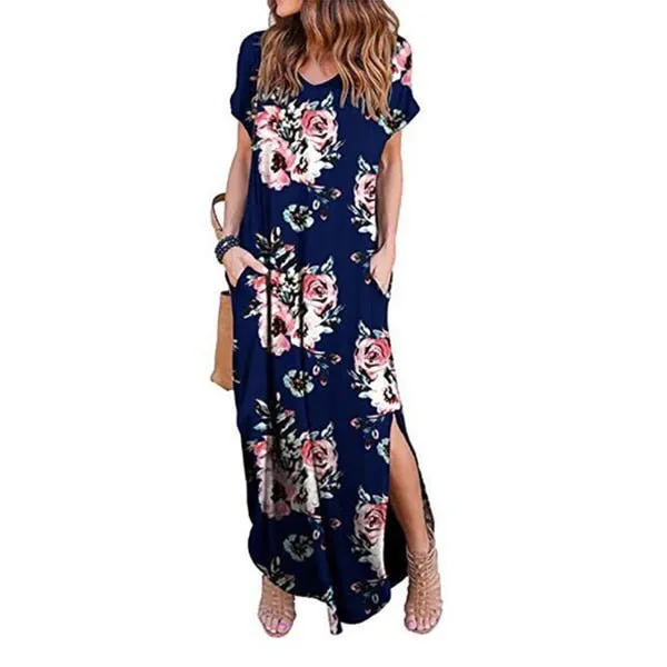 DEENOR Dynamic Short Sleeve Multi Choice Print Pocket Slit Maxi Dress