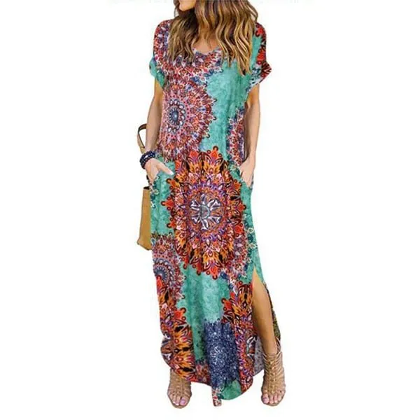 DEENOR Dynamic Short Sleeve Multi Choice Print Pocket Slit Maxi Dress