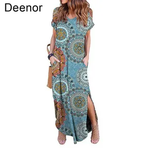 DEENOR Dynamic Short Sleeve Multi Choice Print Pocket Slit Maxi Dress